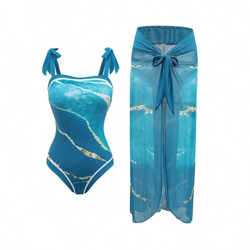 Two-Piece Swimsuit Set with Tie-Shoulder One-Piece and Sarong view 5