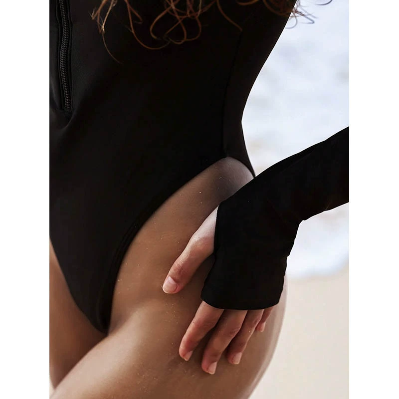Long Sleeve High Neck Zip Front Swimsuit with Thumbholes view 4