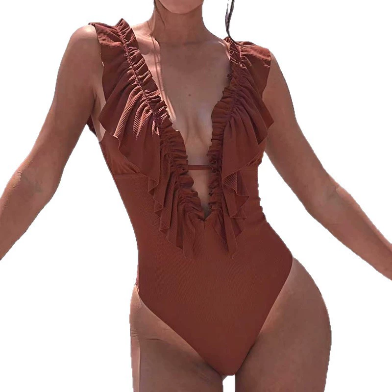 Ruffled Plunge V-Neck One-Piece Swimsuit with Tie Back view 5