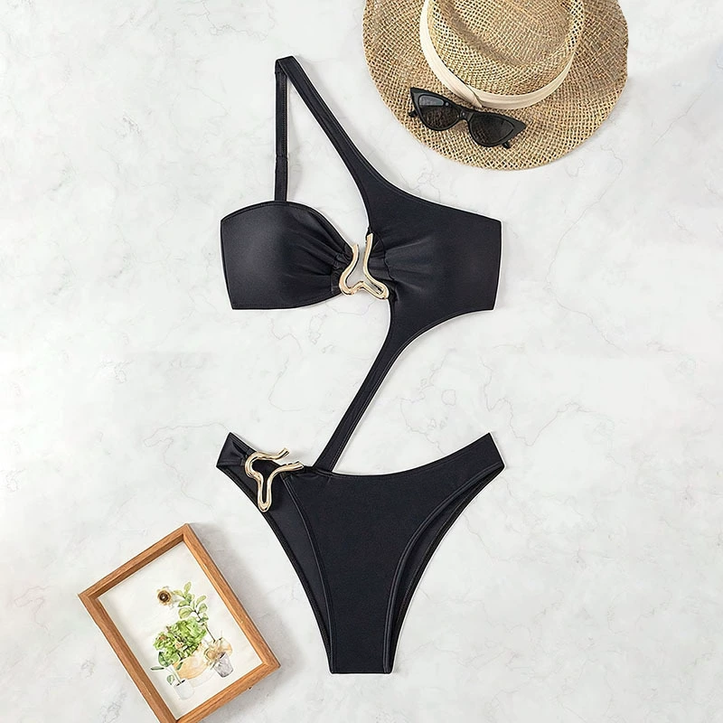 Asymmetrical One-Shoulder Cutout Monokini with Metal Ring view 3