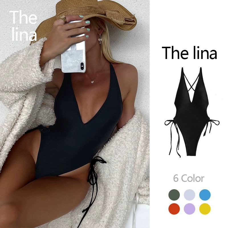 Deep V-Neck Halter One-Piece Swimsuit with Side Ties