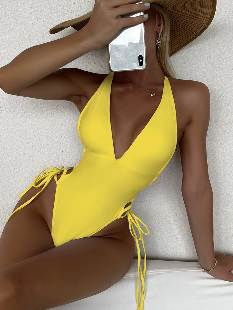 Deep V-Neck Halter One-Piece Swimsuit with Side Ties view 11