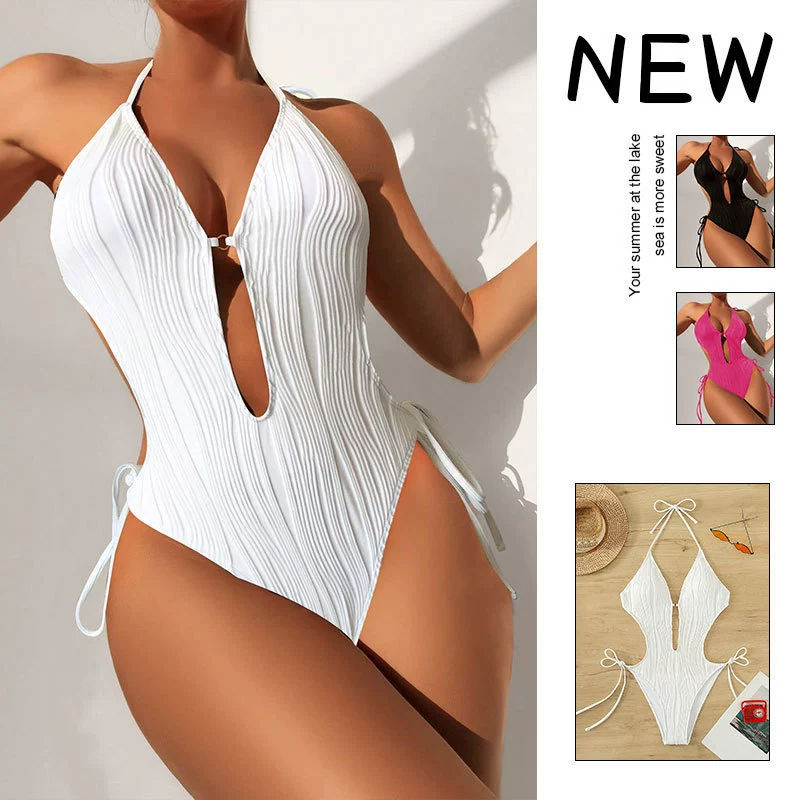 Deep V-Neck Halter One-Piece Swimsuit with Side Ties