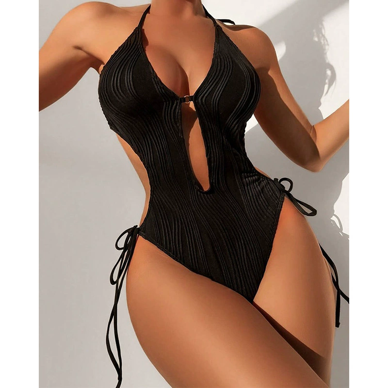 Deep V-Neck Halter One-Piece Swimsuit with Side Ties