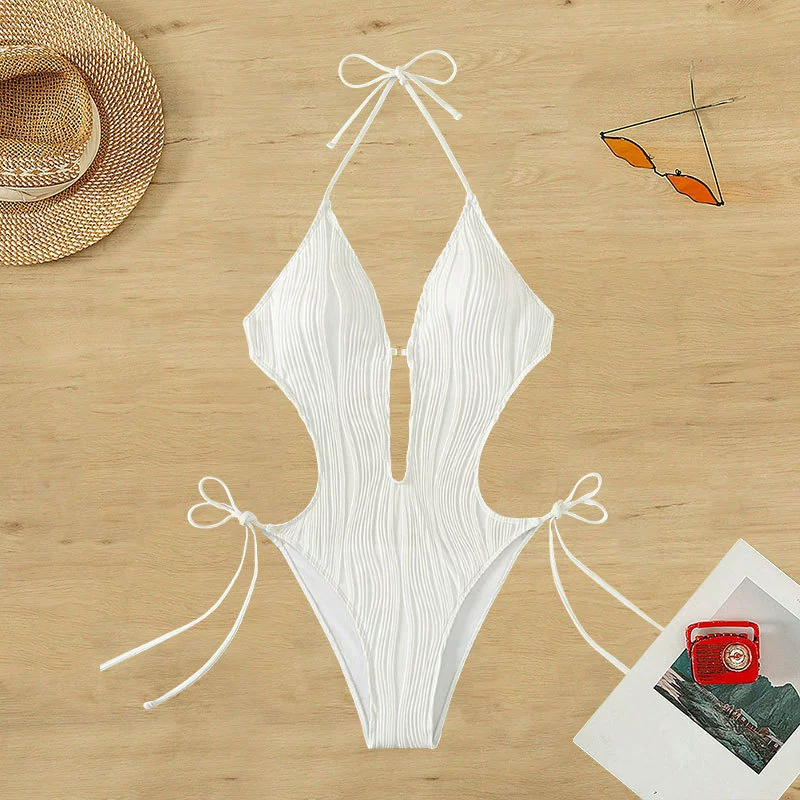 Deep V-Neck Halter One-Piece Swimsuit with Side Ties view 4