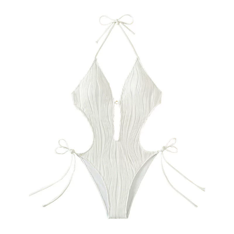 Deep V-Neck Halter One-Piece Swimsuit with Side Ties view 6