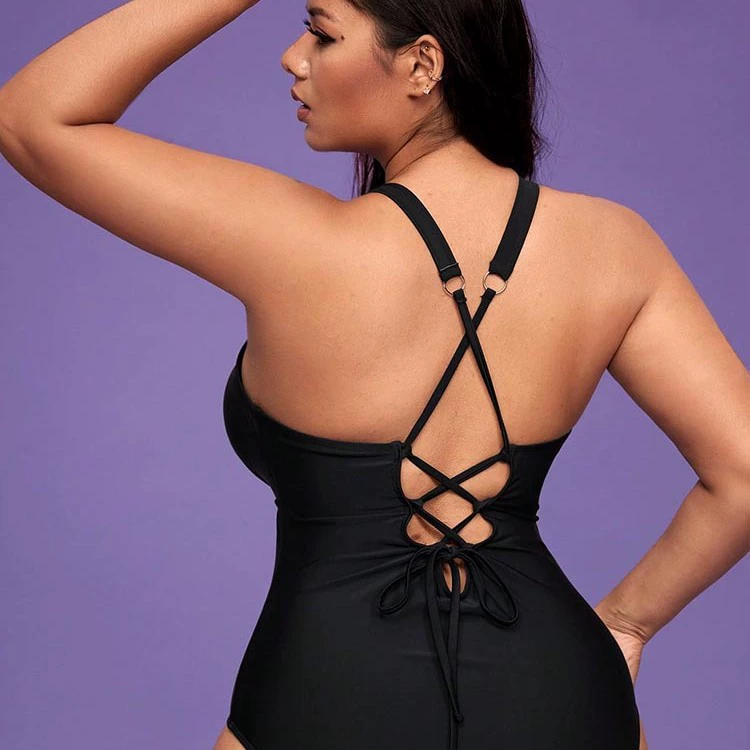 V-Neck One-Piece Swimsuit with Lace-Up Back