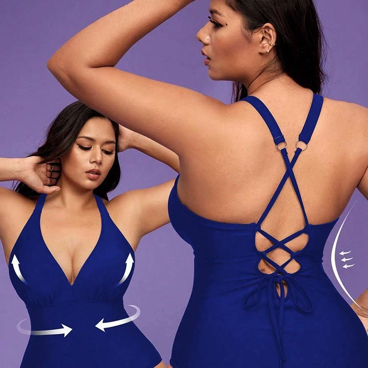 V-Neck One-Piece Swimsuit with Lace-Up Back view 4