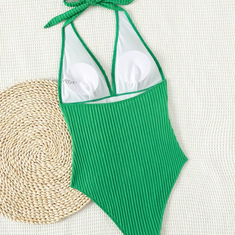 Halter Neck Ruched One-Piece Swimsuit with Deep V-Neck view 4