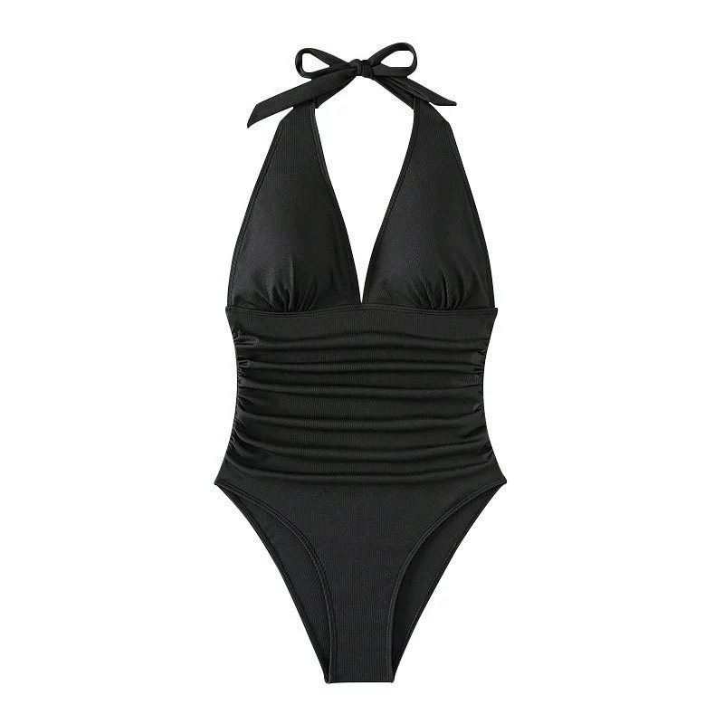 Halter V-Neck Ruched One-Piece Swimsuit with Open Back and High Cut Legs view 5