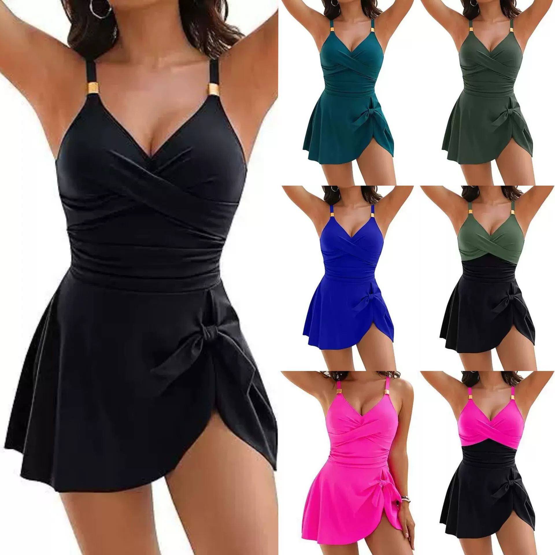 V-Neck Skirted One-Piece Swimsuit with Side Tie