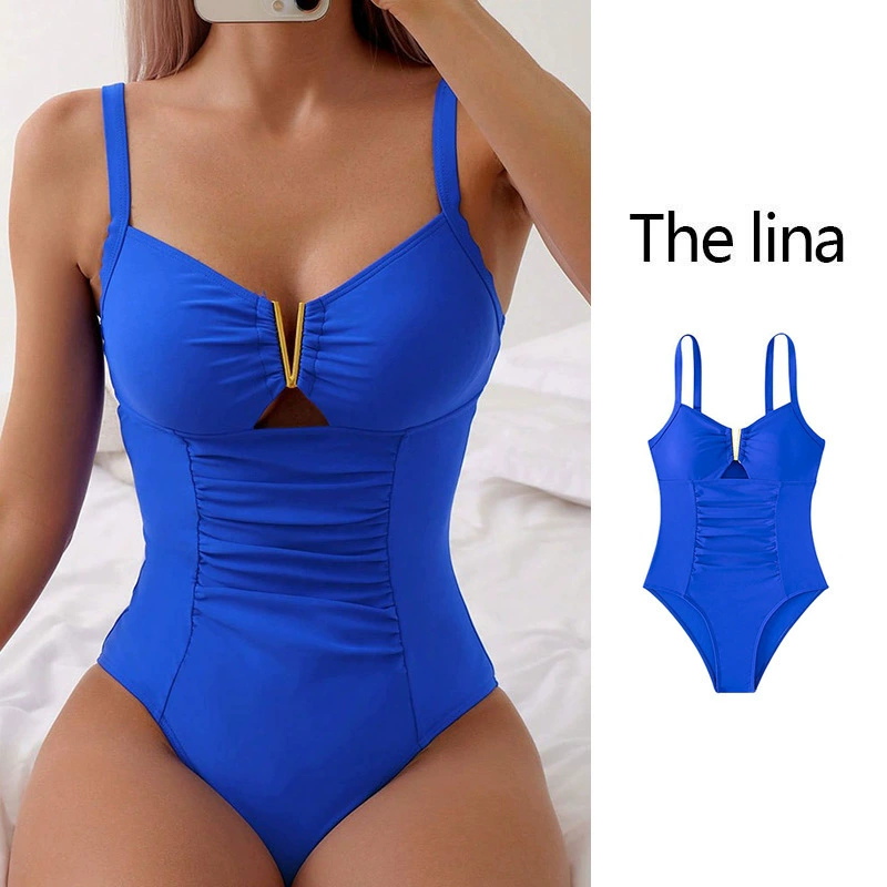 Ruched One-Piece Swimsuit with V-Neck and Cutout