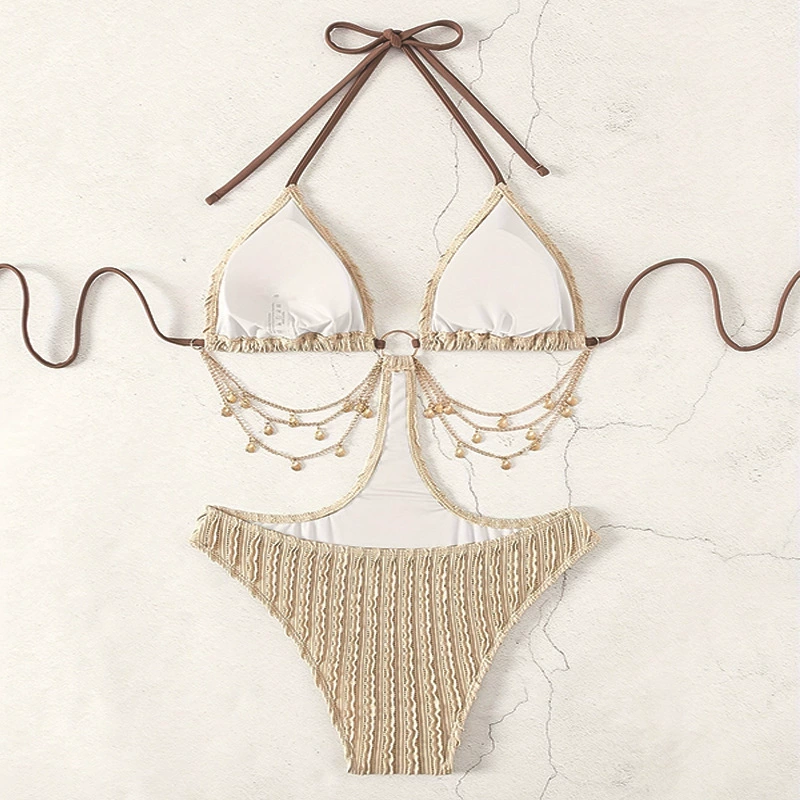Women's Halter Neck Cutout One-Piece Swimsuit with Chain Detail view 4