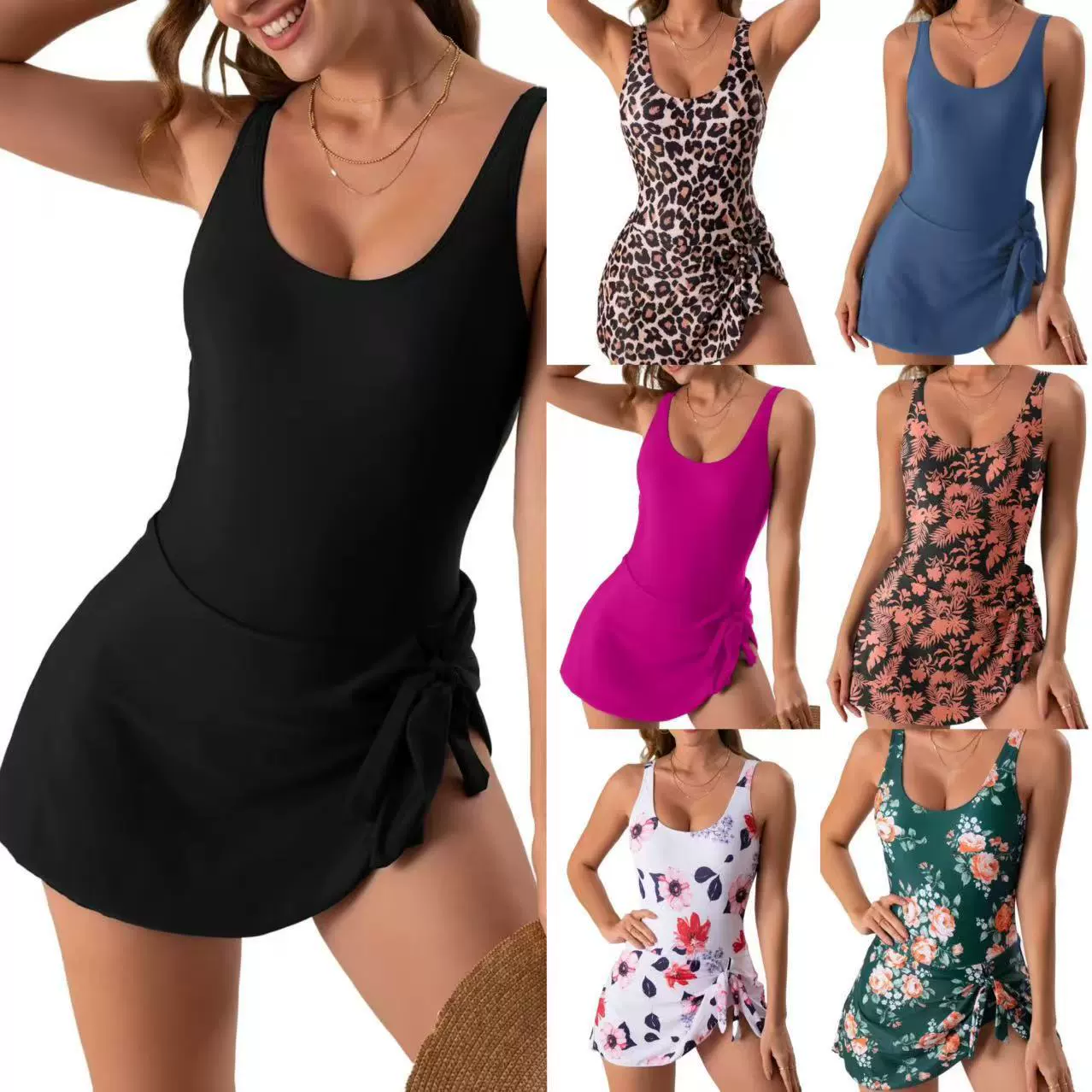 One-Piece Swimdress with Side Tie and Scoop Neck