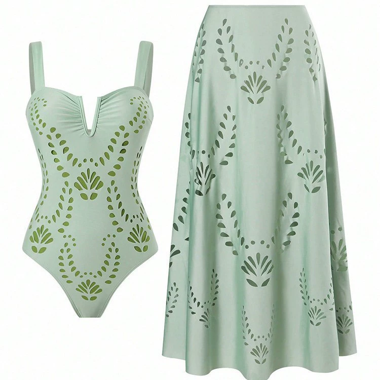 V-Neck Laser Cut One-Piece Swimsuit with Matching Maxi Skirt