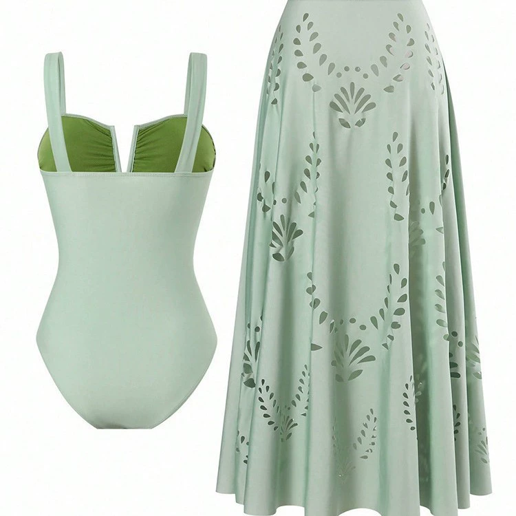 V-Neck Laser Cut One-Piece Swimsuit with Matching Maxi Skirt