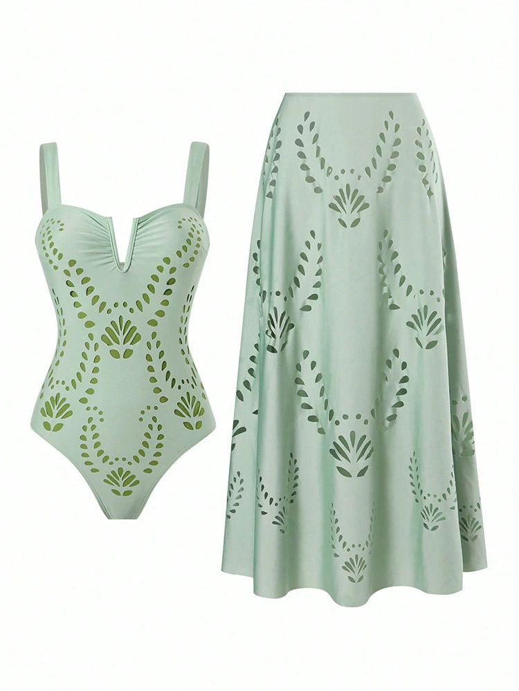 V-Neck Laser Cut One-Piece Swimsuit with Matching Maxi Skirt view 6