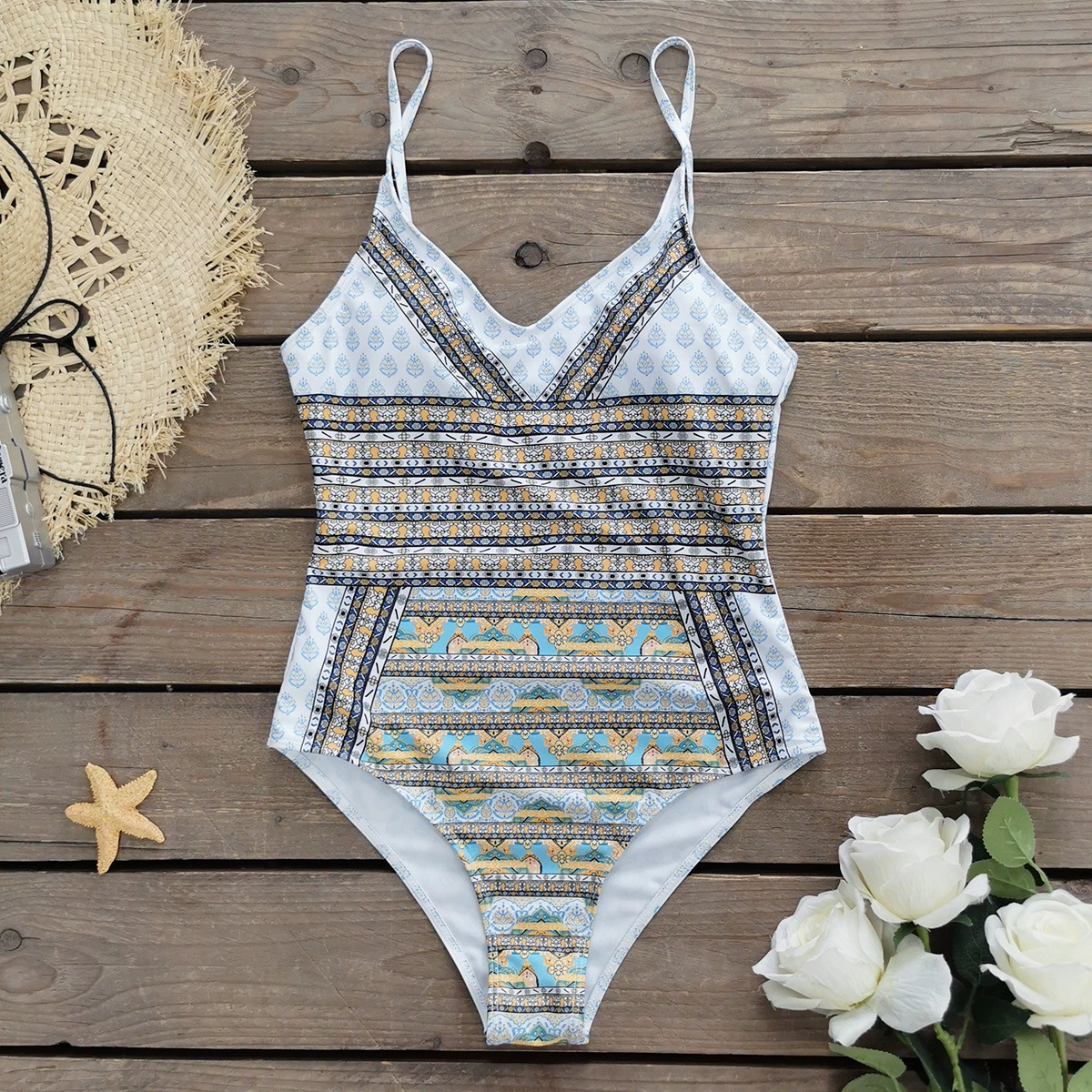 V-Neck Padded One-Piece Swimsuit with Adjustable Straps