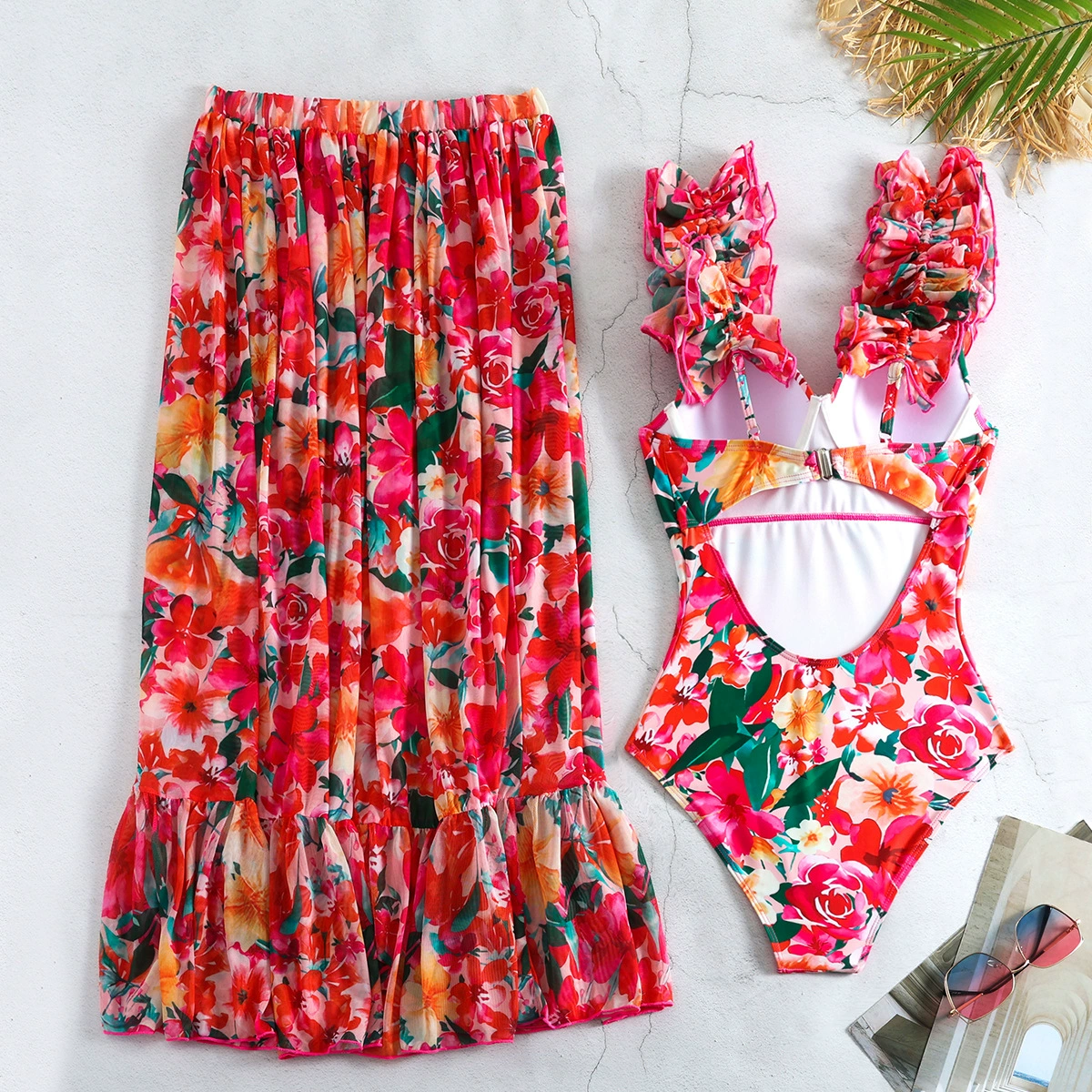 Women’s One-Piece Swimsuit with Ruffled Straps and Matching Skirt