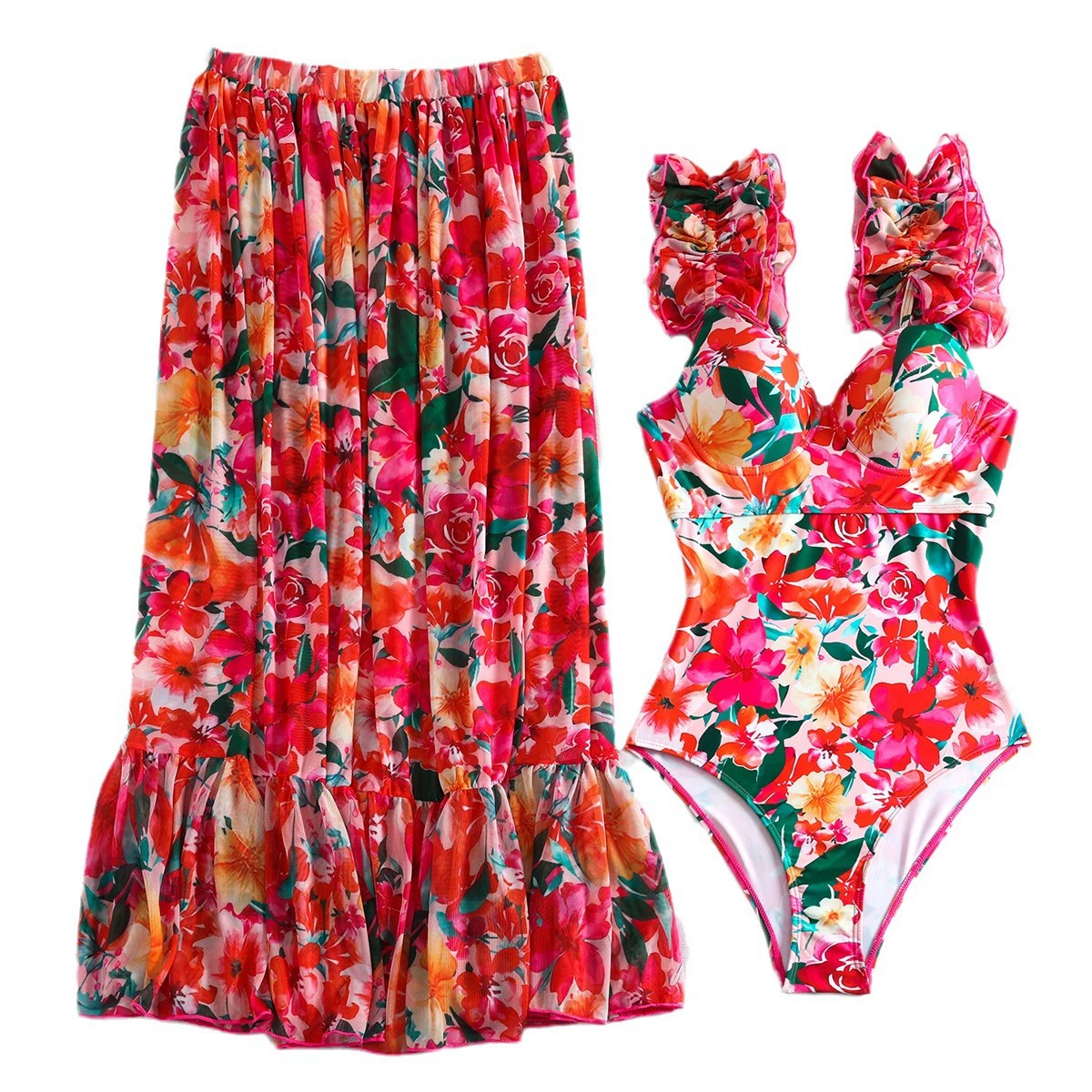 Women's One-Piece Swimsuit with Ruffled Straps and Matching Skirt view 5