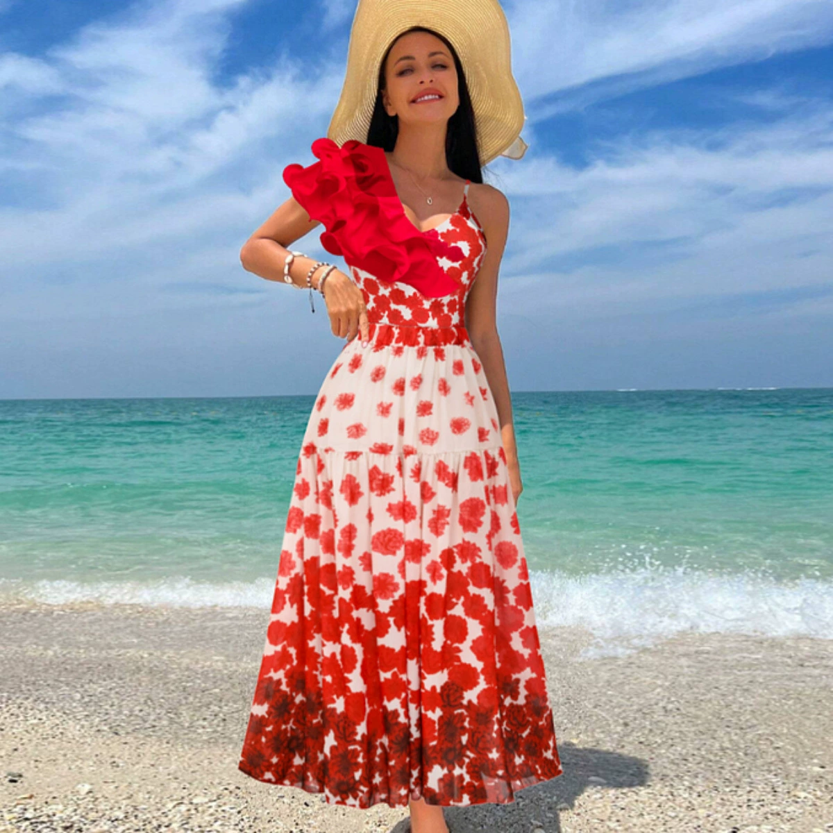 Ruffle One-Shoulder Swimsuit and Maxi Skirt Set