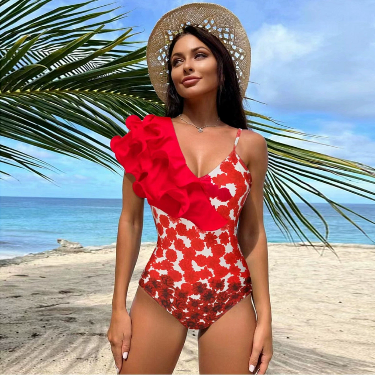 Ruffle One-Shoulder Swimsuit and Maxi Skirt Set