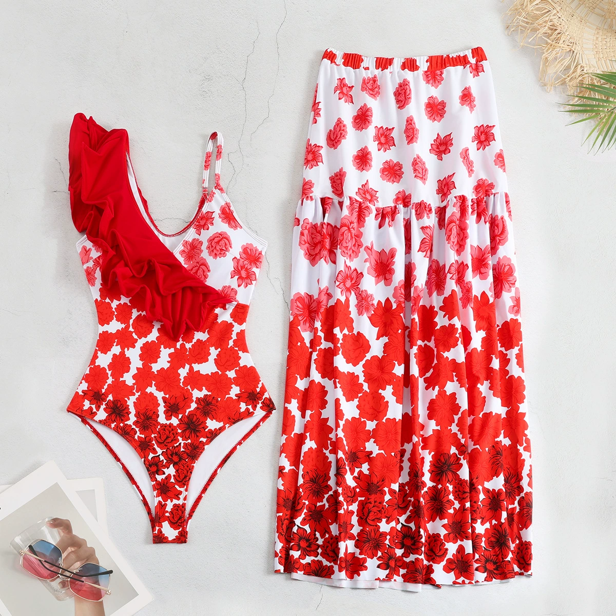 Ruffle One-Shoulder Swimsuit and Maxi Skirt Set view 3