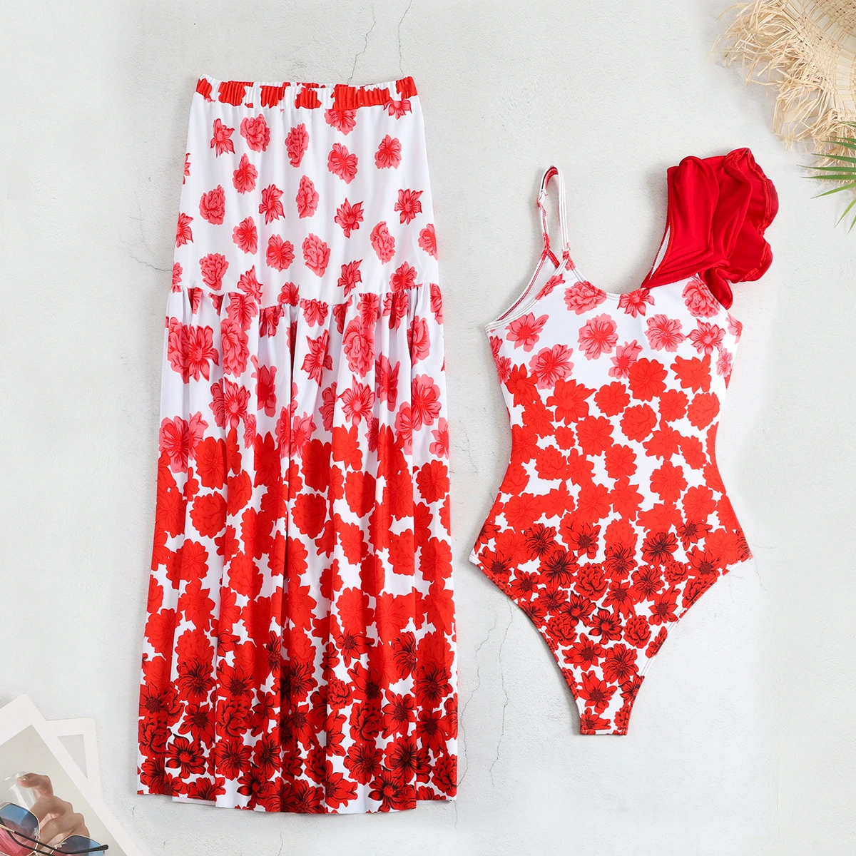 Ruffle One-Shoulder Swimsuit and Maxi Skirt Set view 4