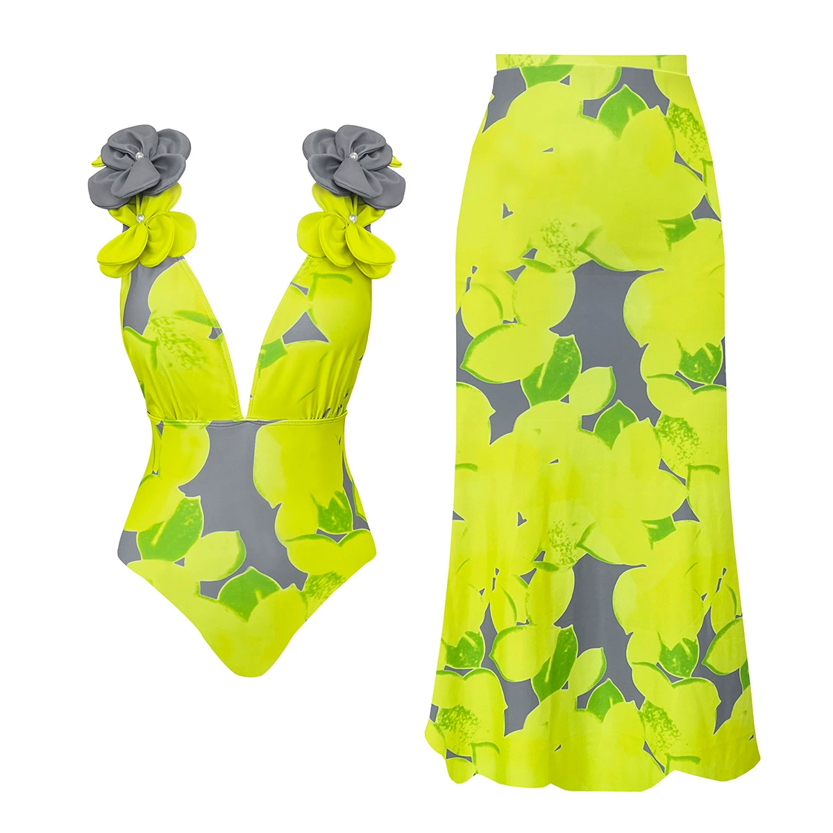 Deep V-Neck One-Piece Swimsuit with Skirt Set