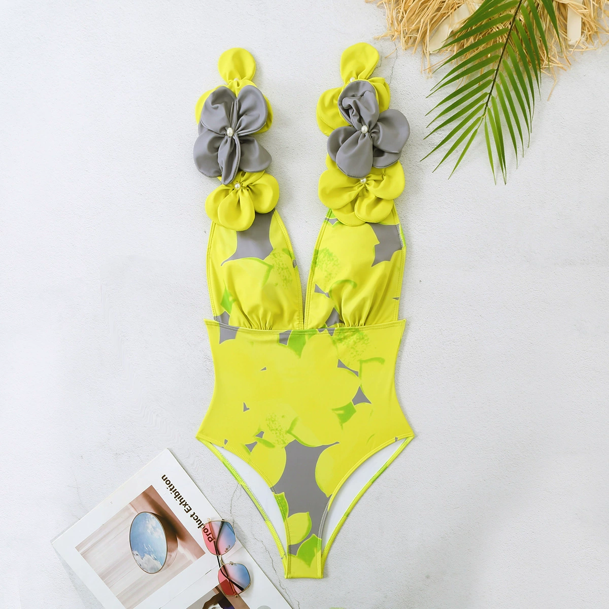 Deep V-Neck One-Piece Swimsuit with Skirt Set