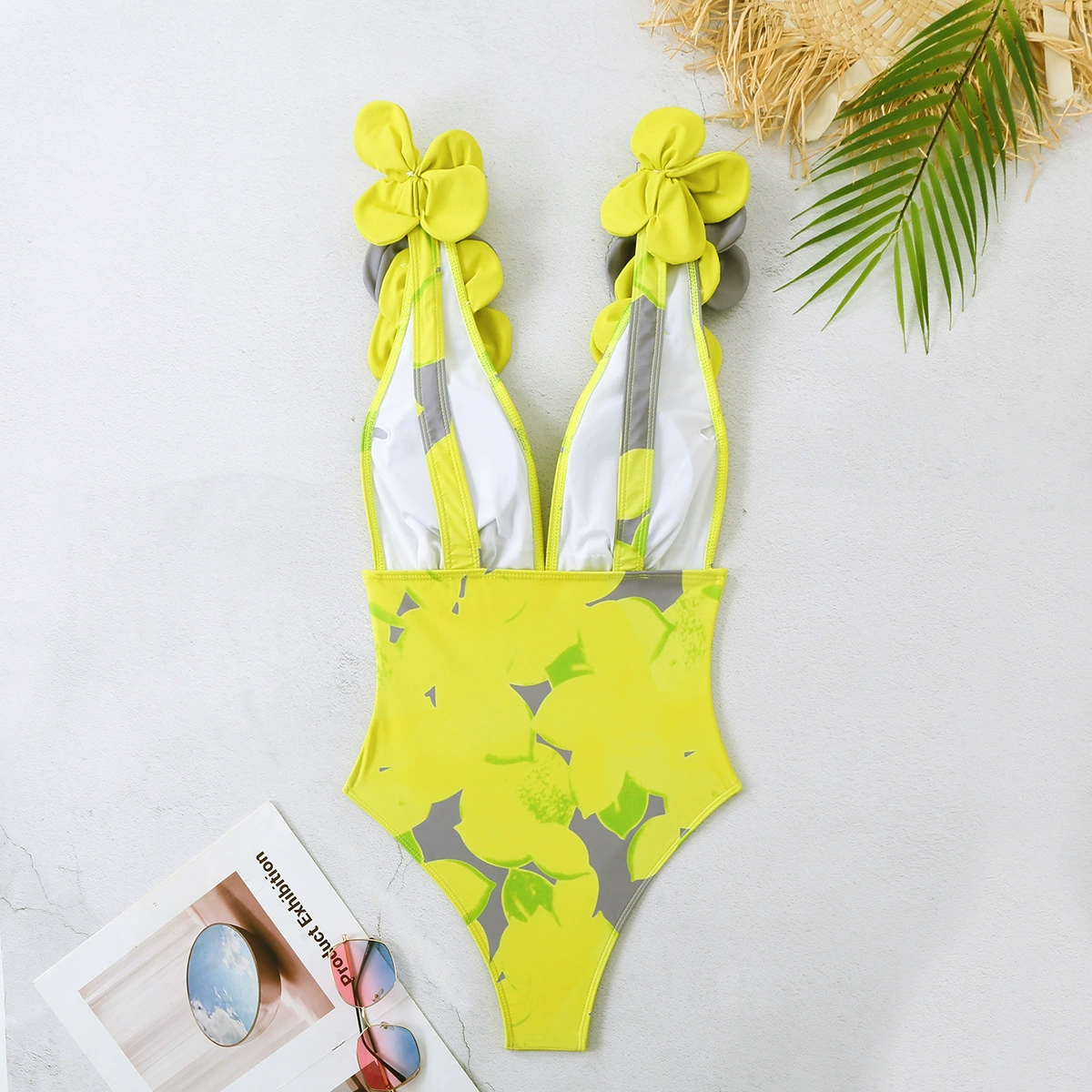 Deep V-Neck One-Piece Swimsuit with Skirt Set view 3