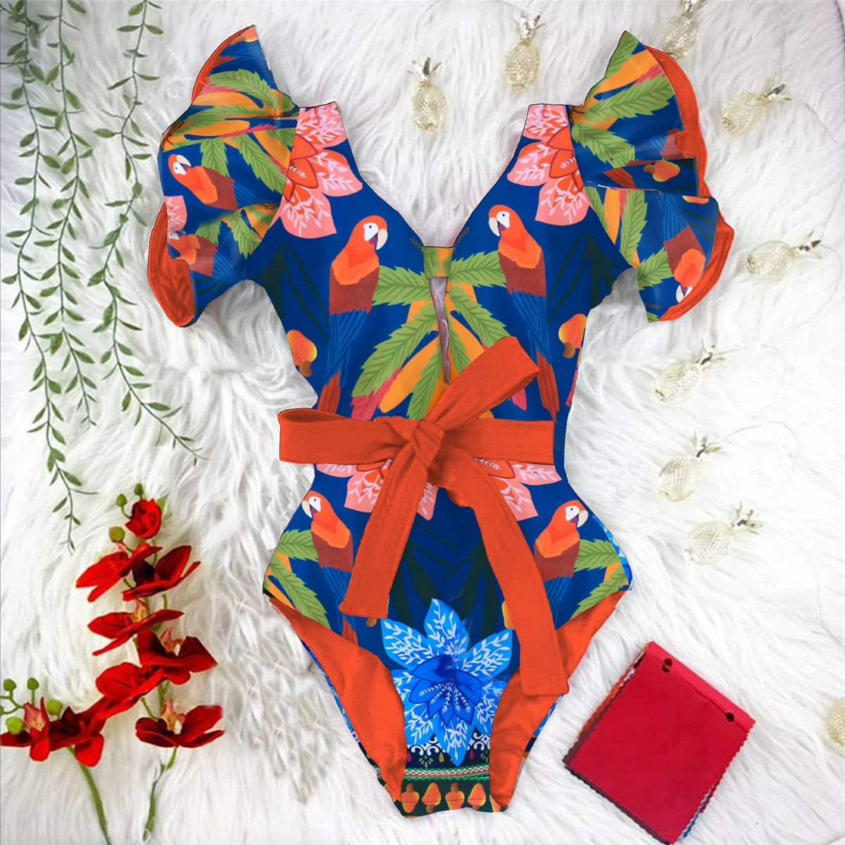 V-Neck Short-Sleeve Belted One-Piece Swimsuit