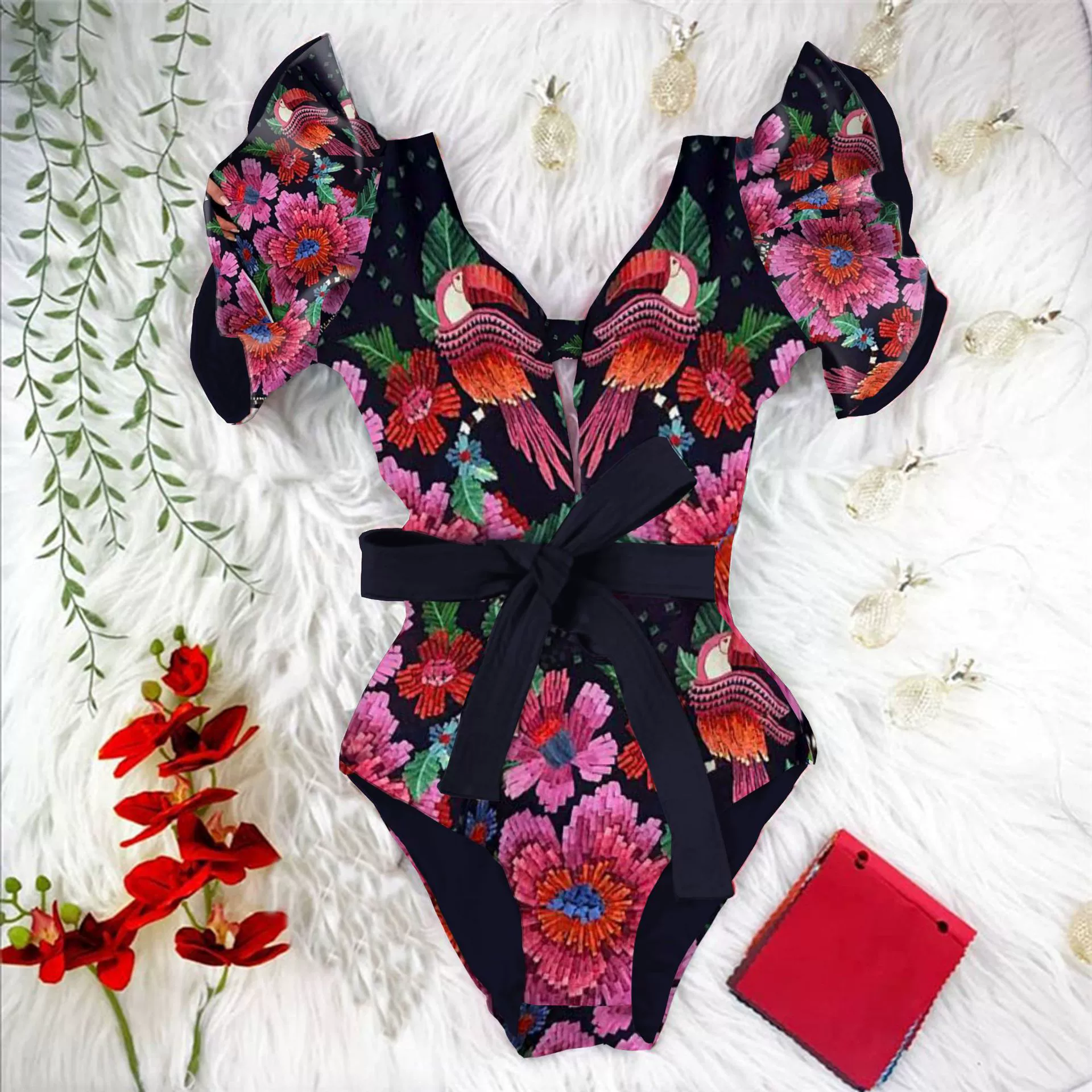 V-Neck Short-Sleeve Belted One-Piece Swimsuit