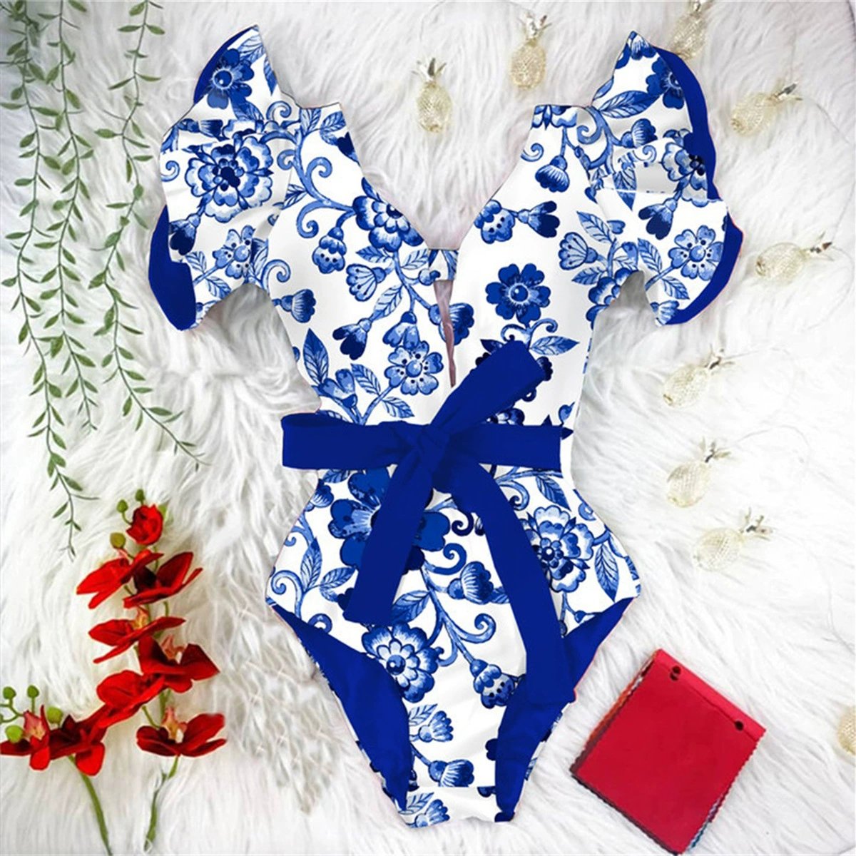 V-Neck Short-Sleeve Belted One-Piece Swimsuit view 3