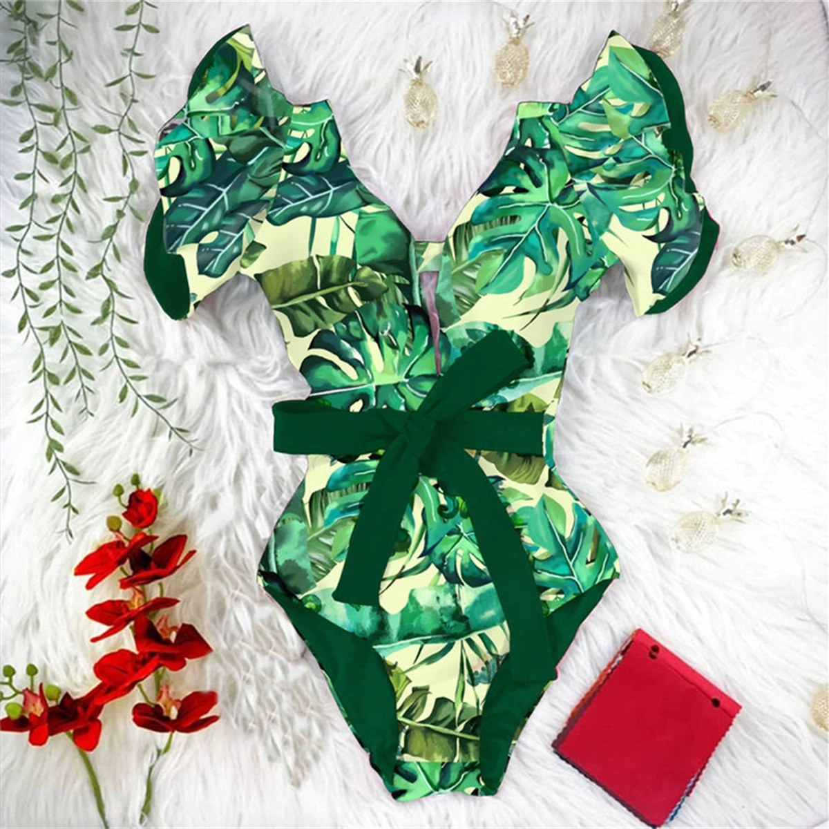 V-Neck Short-Sleeve Belted One-Piece Swimsuit view 4