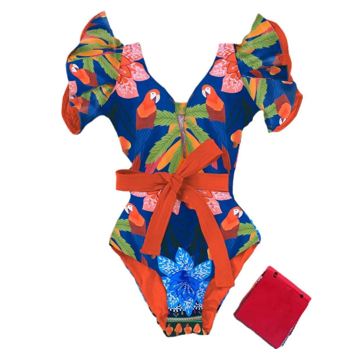 V-Neck Short-Sleeve Belted One-Piece Swimsuit view 5