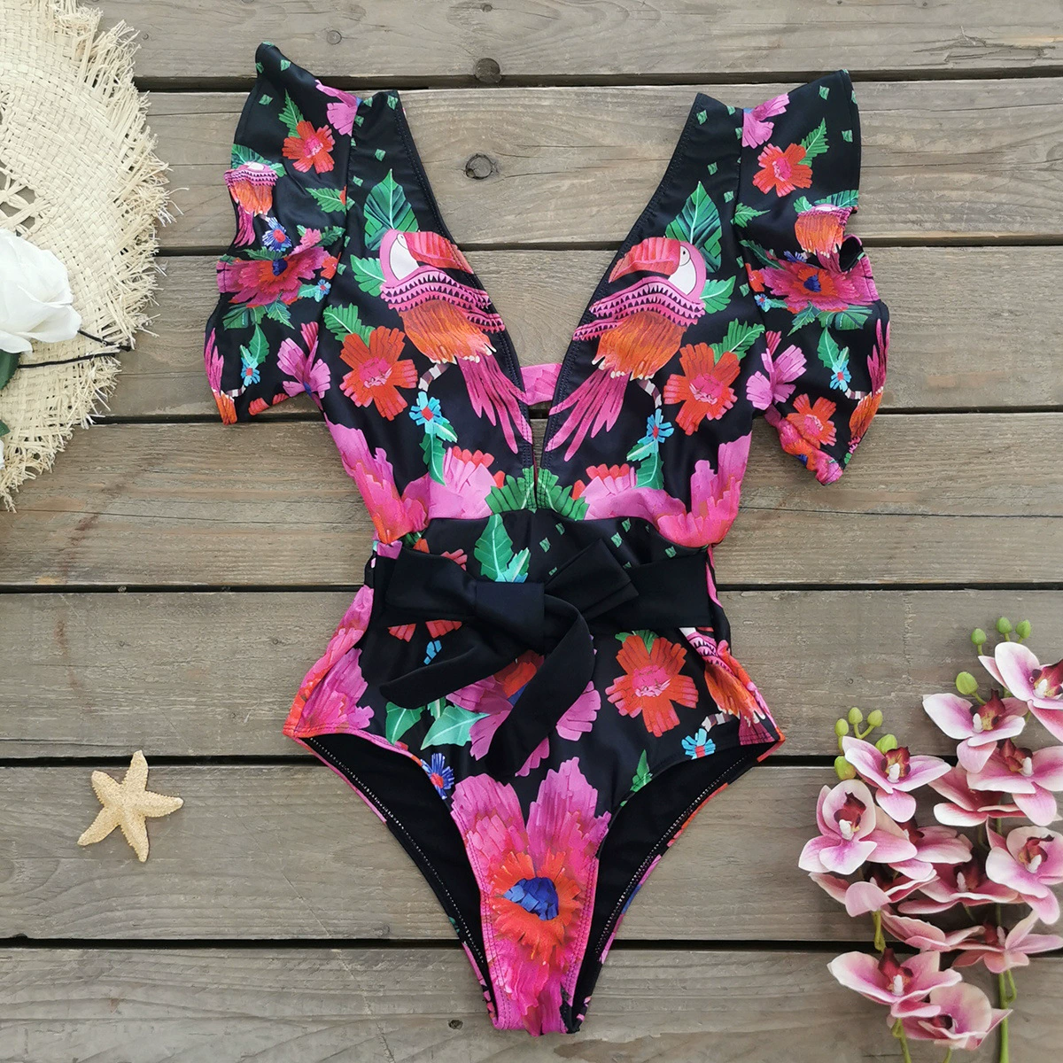 V-Neck Short-Sleeve Belted One-Piece Swimsuit view 7