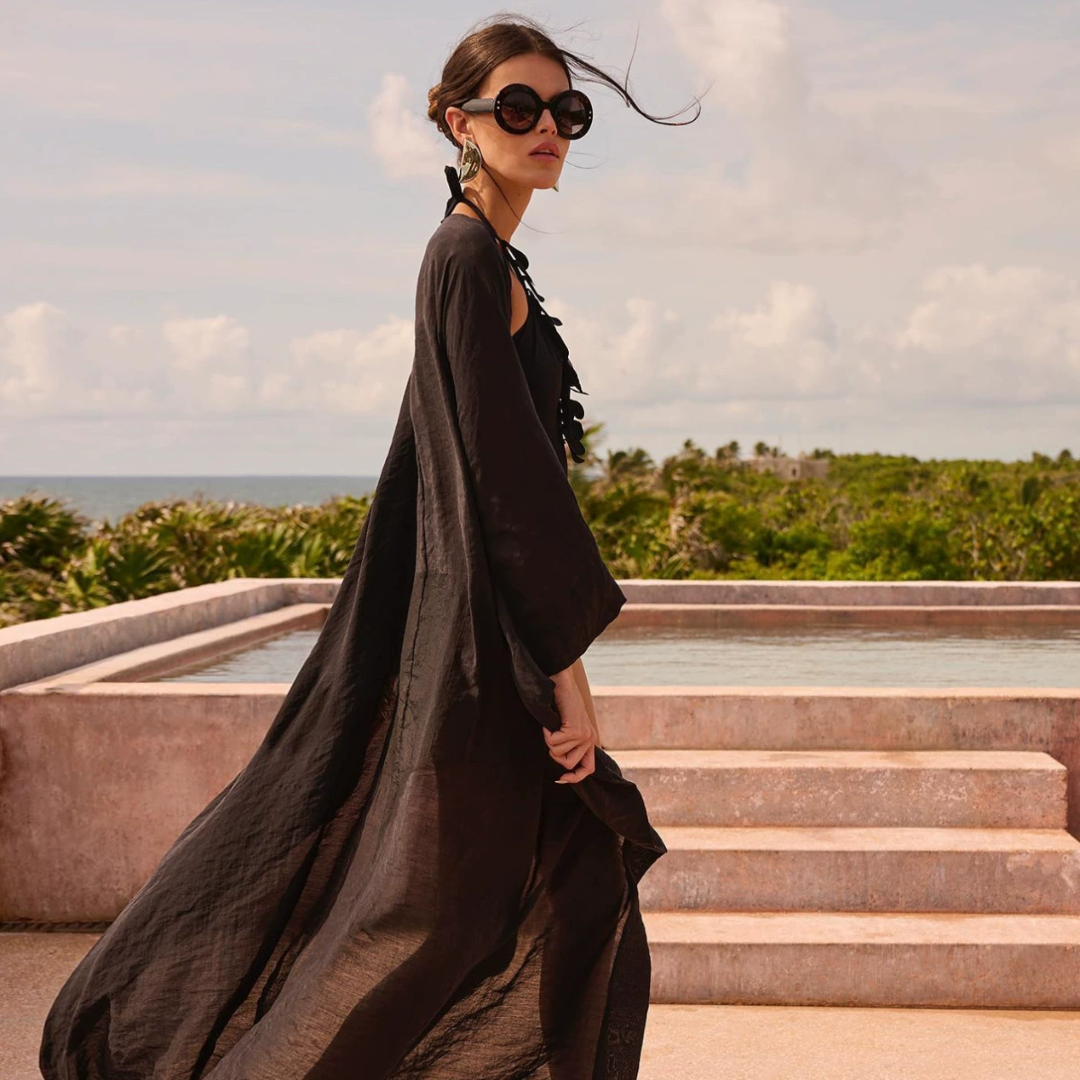 Ruffle One-Piece Swimsuit with Long Cover-Up Set