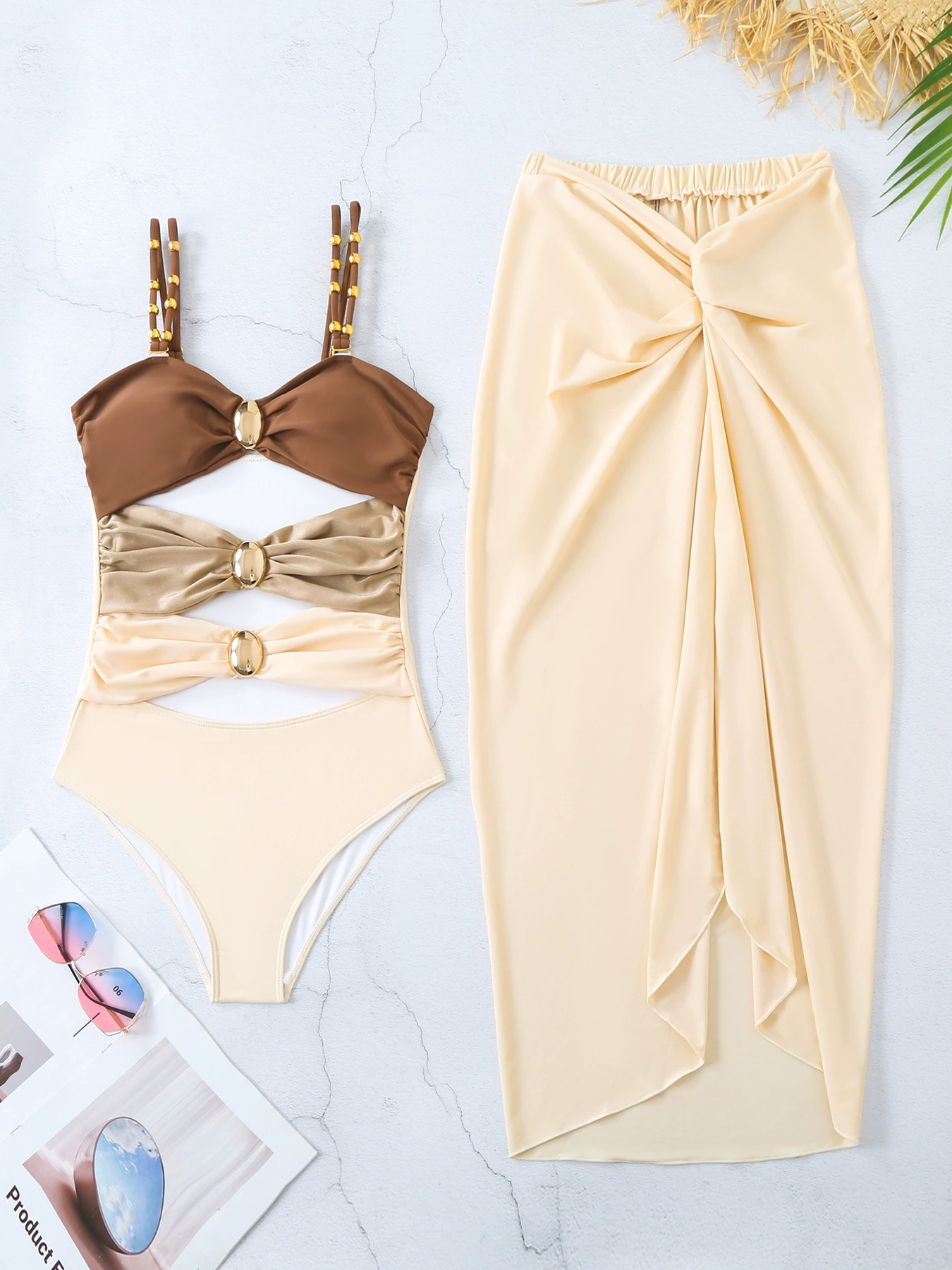 Cutout One-Piece Swimsuit and Skirt Set