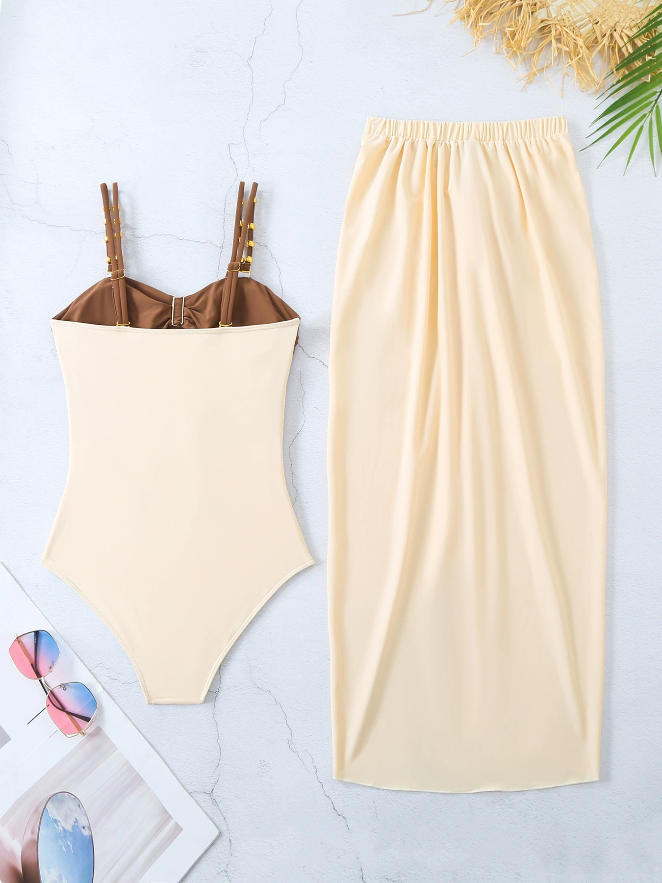 Cutout One-Piece Swimsuit and Skirt Set view 3