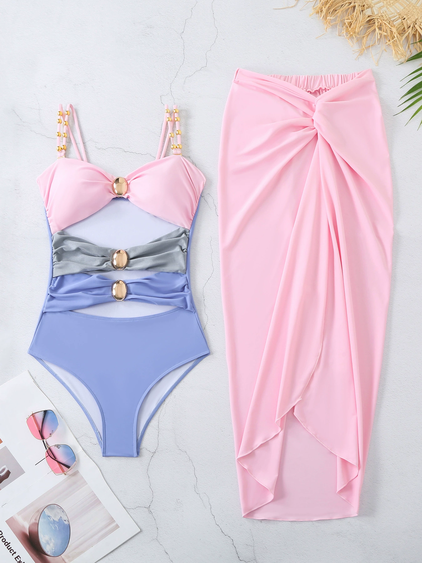 Cutout One-Piece Swimsuit and Skirt Set view 4