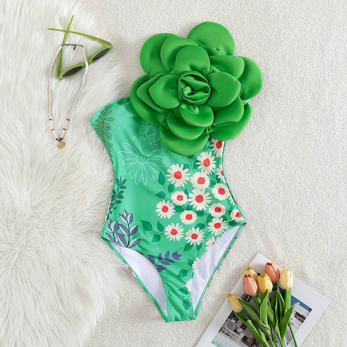 One-Shoulder One-Piece Swimsuit with 3D Applique