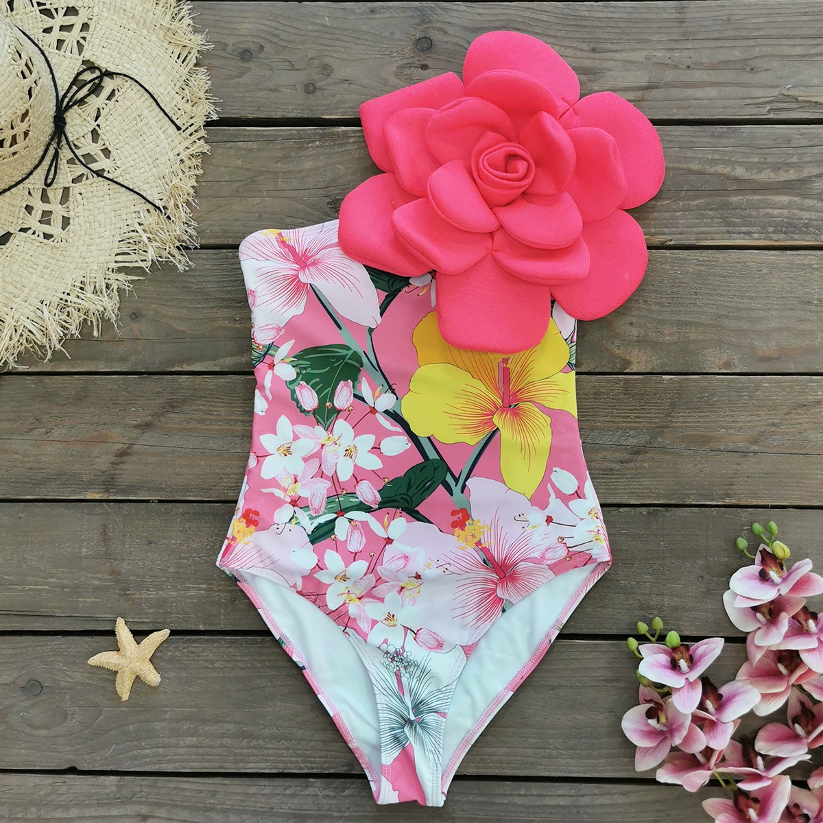One-Shoulder One-Piece Swimsuit with 3D Applique view 7