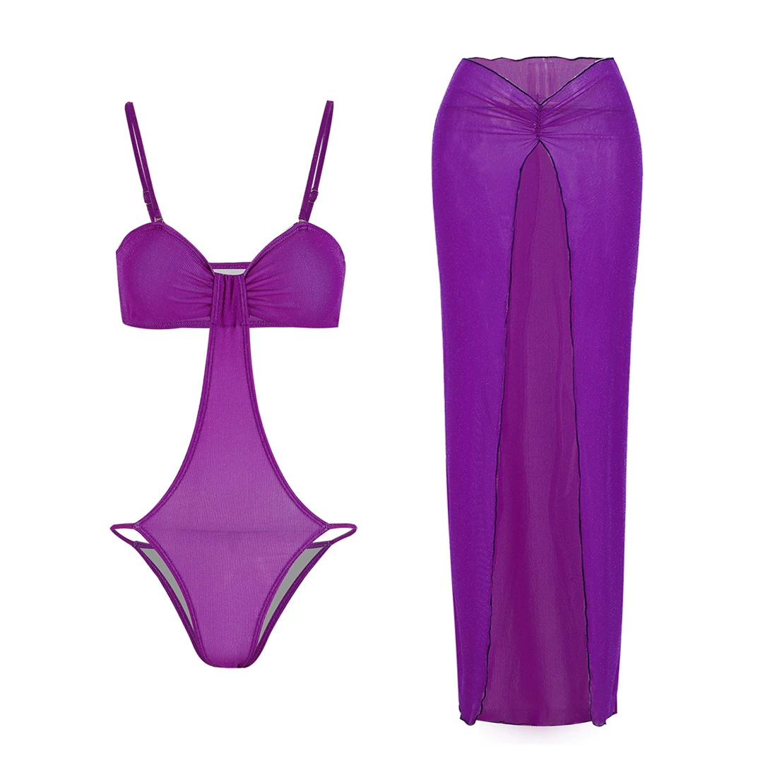 Two-Piece Swimsuit Set with Cutout One-Piece and Long Skirt