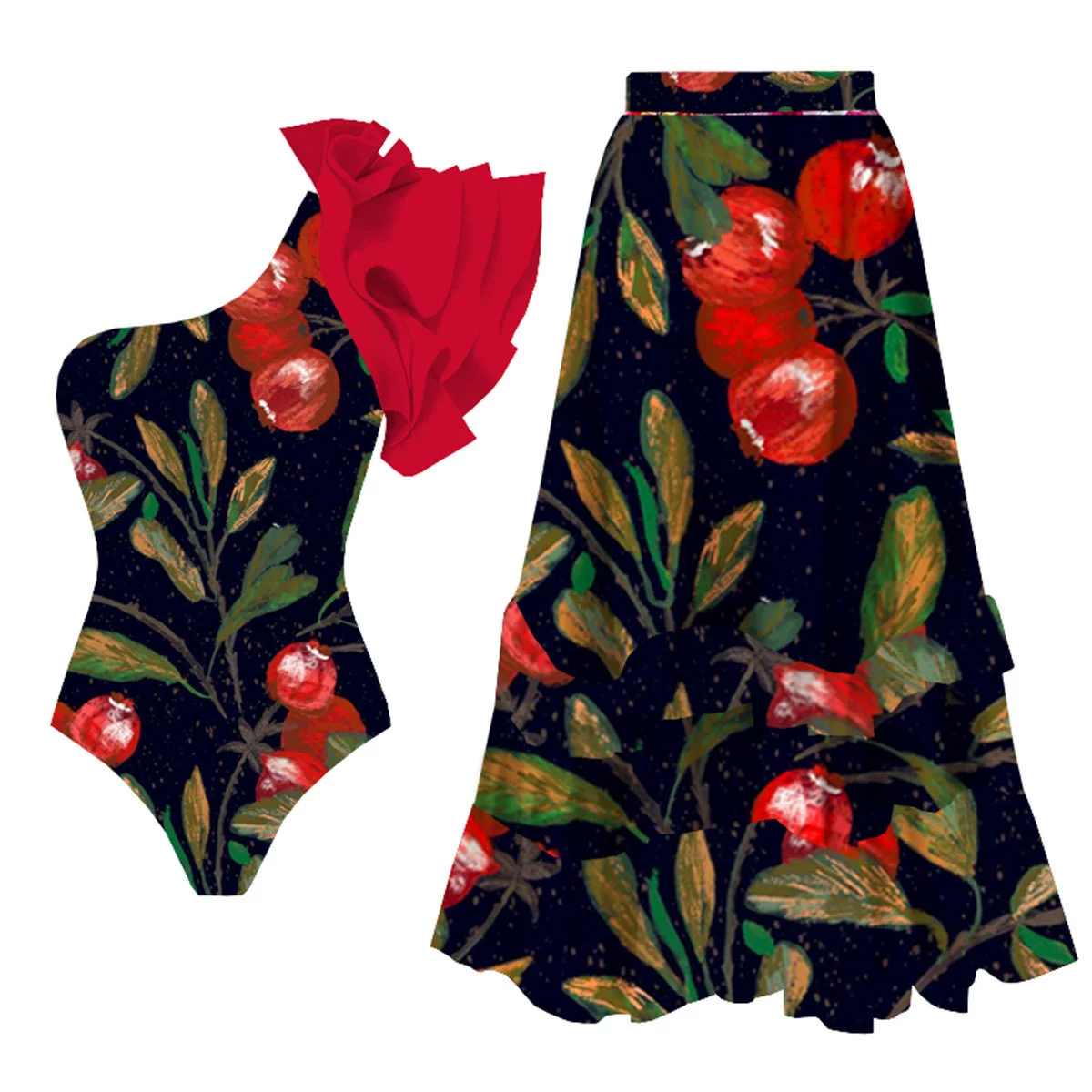 One-Shoulder Ruffle One-Piece Swimsuit with Matching Skirt