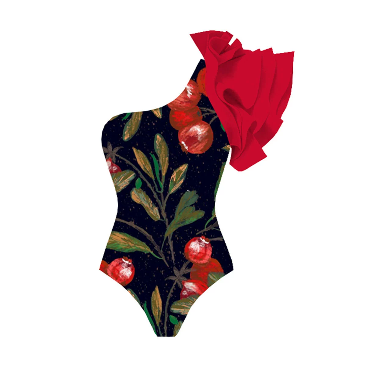 One-Shoulder Ruffle One-Piece Swimsuit with Matching Skirt