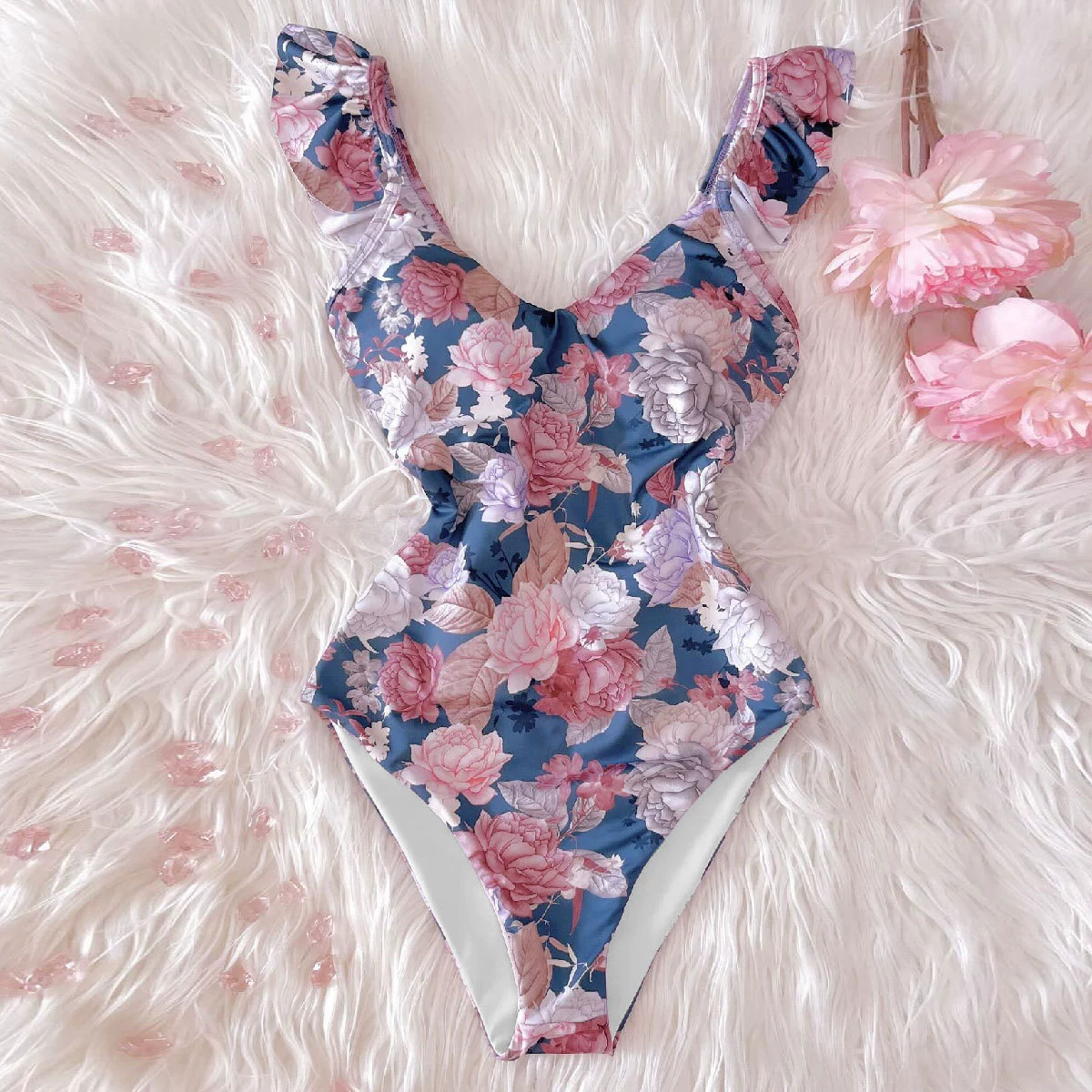 One-Piece Swimsuit with V-Neck and Ruffled Shoulder Straps
