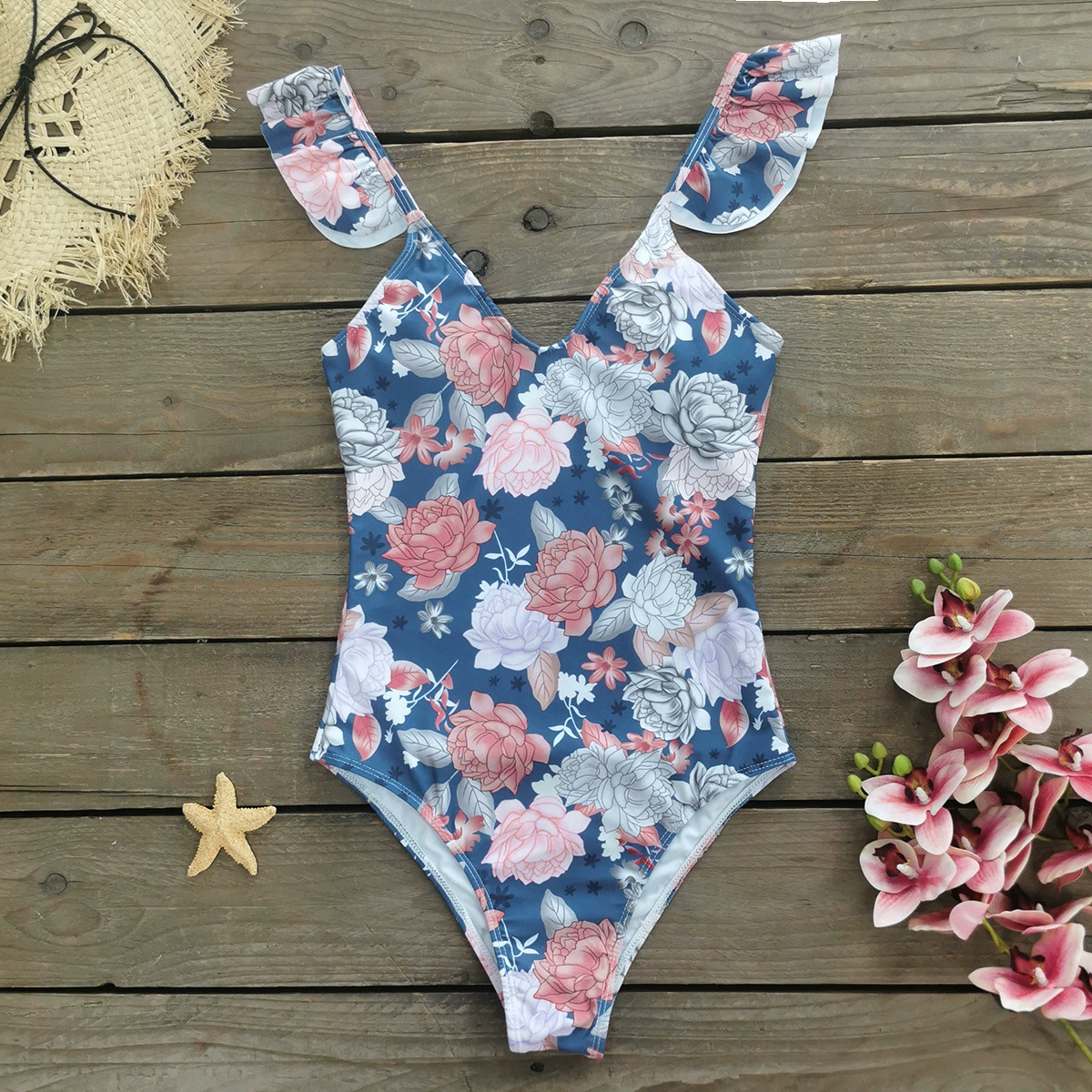 One-Piece Swimsuit with V-Neck and Ruffled Shoulder Straps