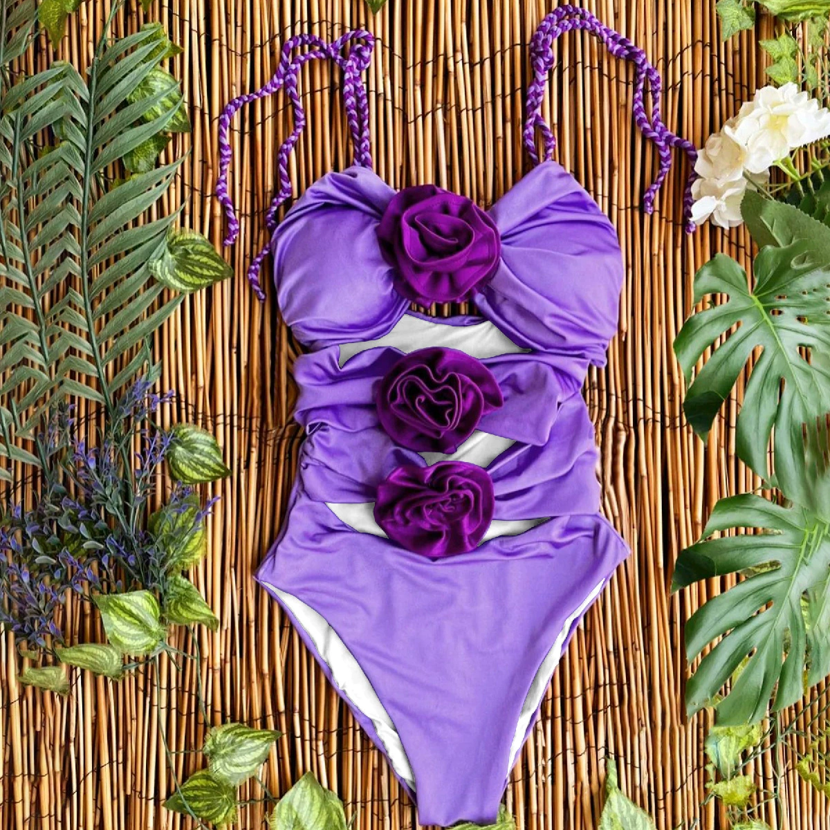 Women’s Cutout One-Piece Swimsuit with Halter Ties and Decorative Accents