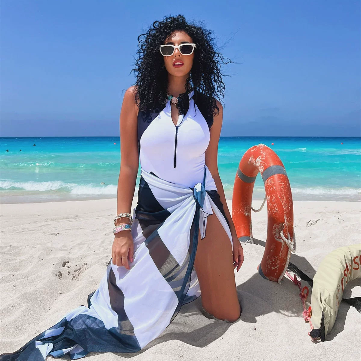 Zipper Front One-Piece Swimsuit with Sarong
